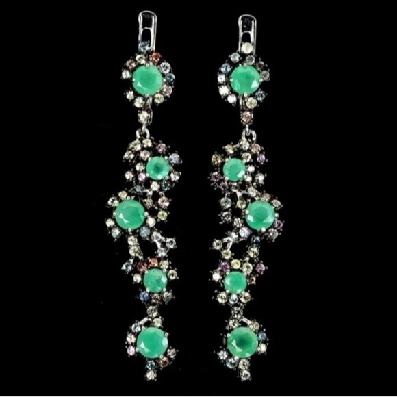 925 Sterling Silver Earrings 4.5cm with Natural Emerald 4mm & Sapphire Gemstone. - Picture 10 of 10